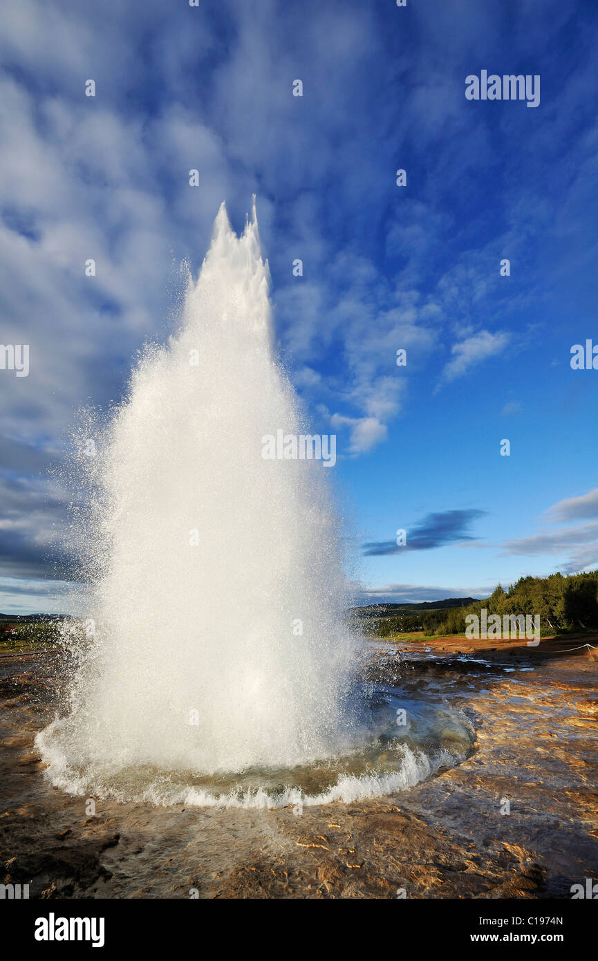 Geyser Strokkur eruption of fountains, ejected water spouts, sequence
