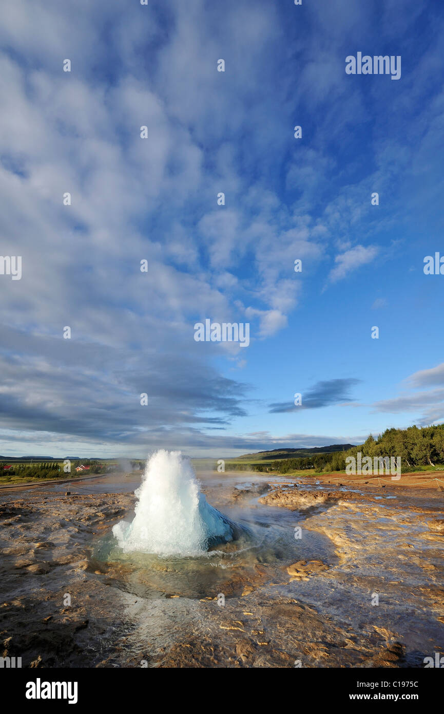 Geyser Strokkur eruption of fountains, ejected water spouts, sequence