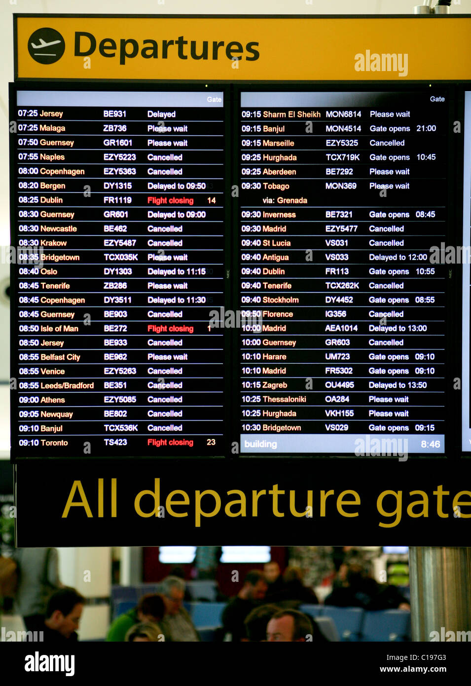 Airport departure board delays / cancellations Stock Photo