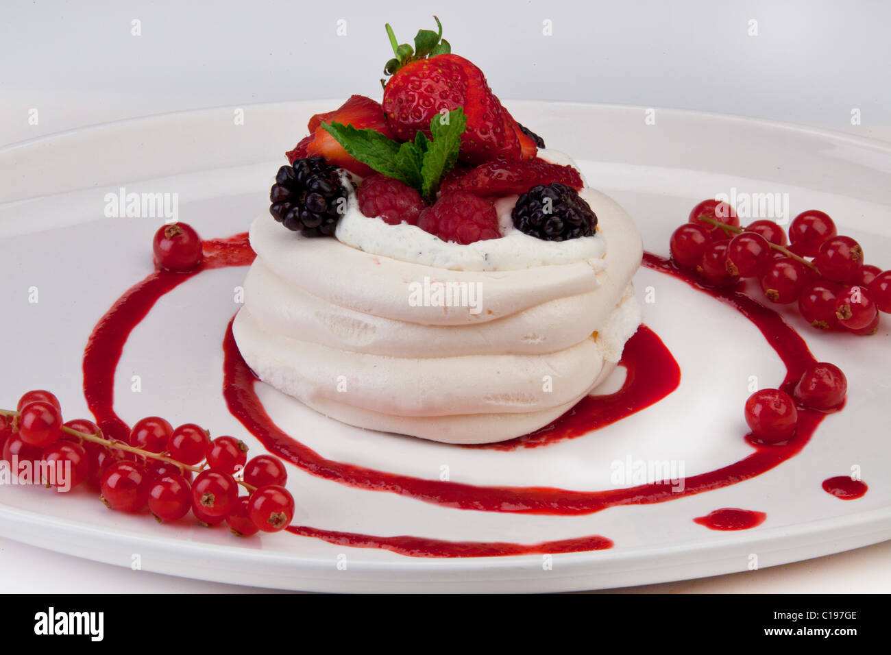 Dessert sweet pudding Red berry Pavlova ginger & mint with mixed berry