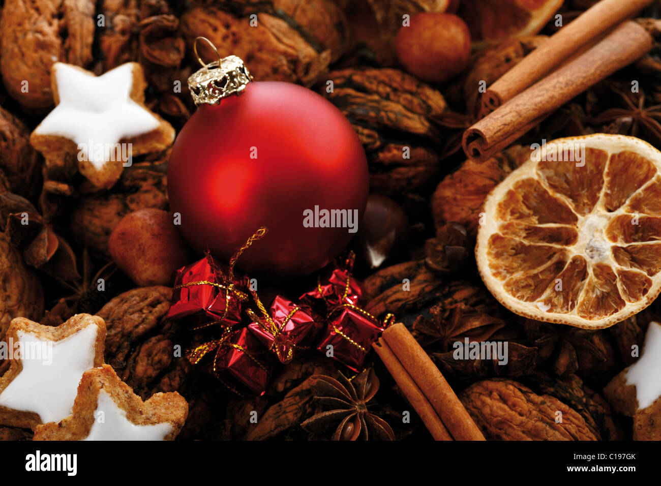 Christmas ball and presents with Christmas decoration Stock Photo