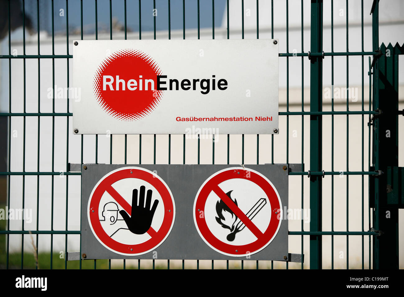 Warning signs, Rhein-Energie AG, Gas Power Station Niehl, Cologne, North Rhine-Westphalia, Germany, Europe Stock Photo