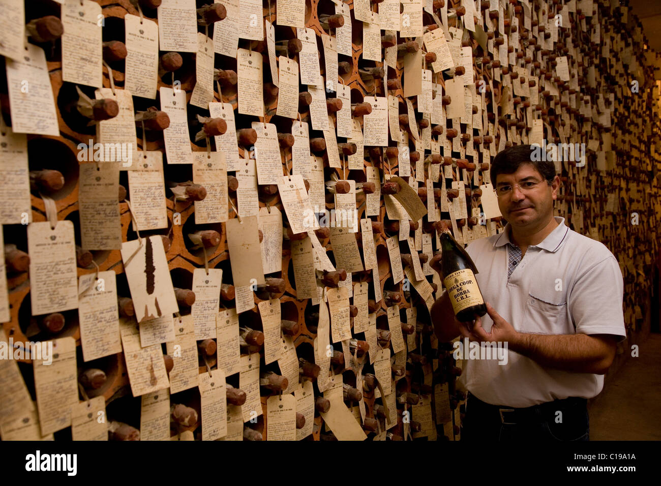Oenologist, Oscar Gato, in the Bodega, wine store of sample bottles destined for export, Adega Cooperativa de Borba,  Region Stock Photo