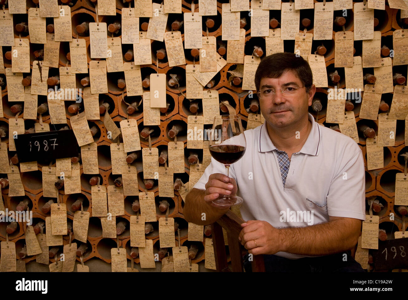 Oenologist, Oscar Gato, in the bodega, wine cellar, where all of the sample bottles of the exporter are stored Stock Photo