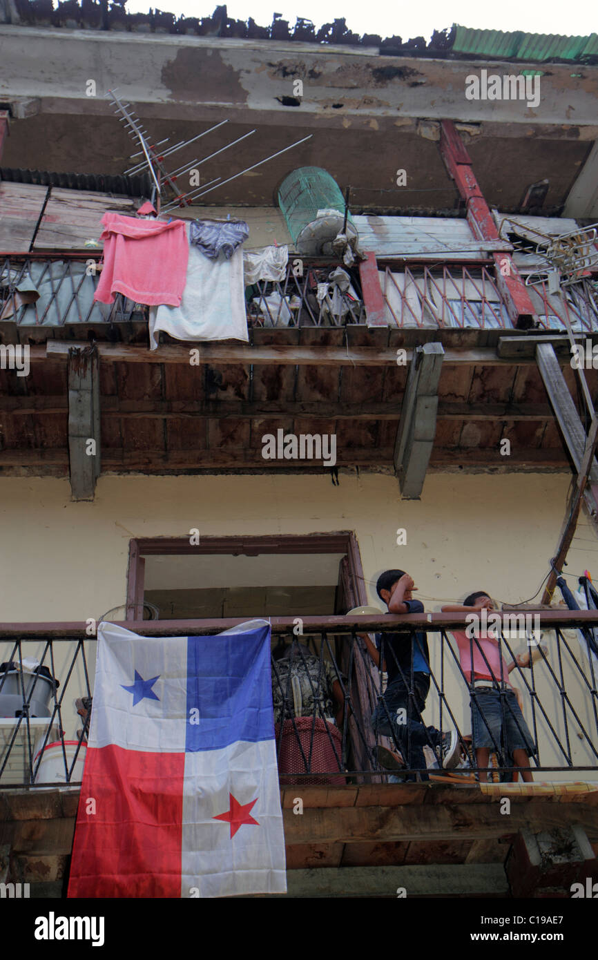 Panama,Latin,Central America,Panama City,Casco Viejo,San Felipe,historic neighborhood,barrio,building,balcony,tenement,slum,deteriorated,poverty,Black Stock Photo