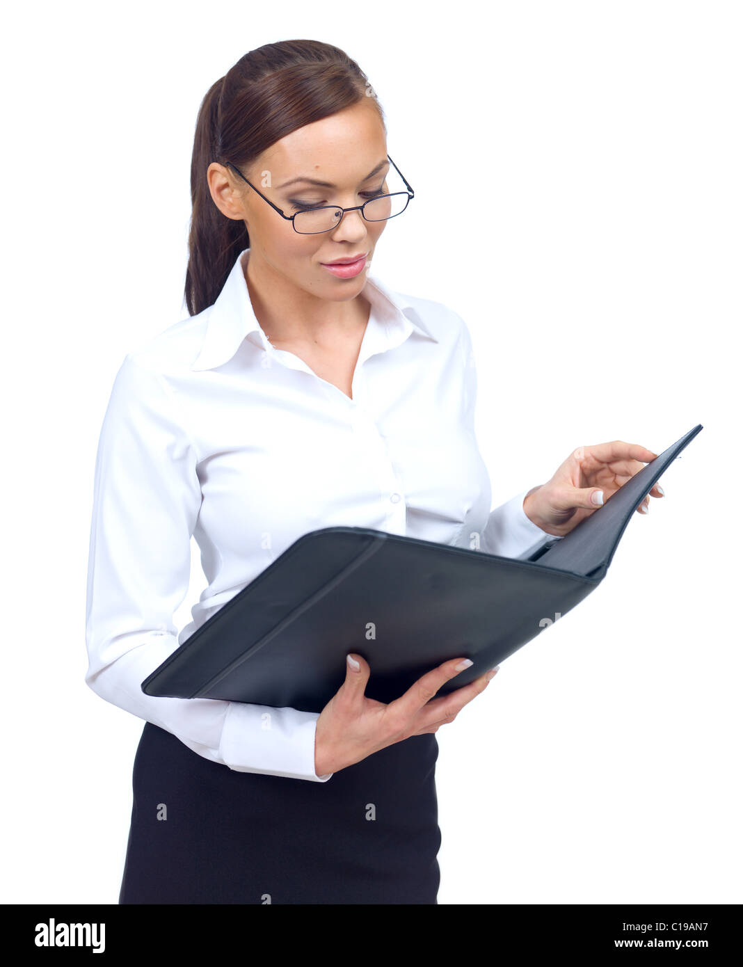 Portrait of beautiful and young business woman on white Stock Photo - Alamy
