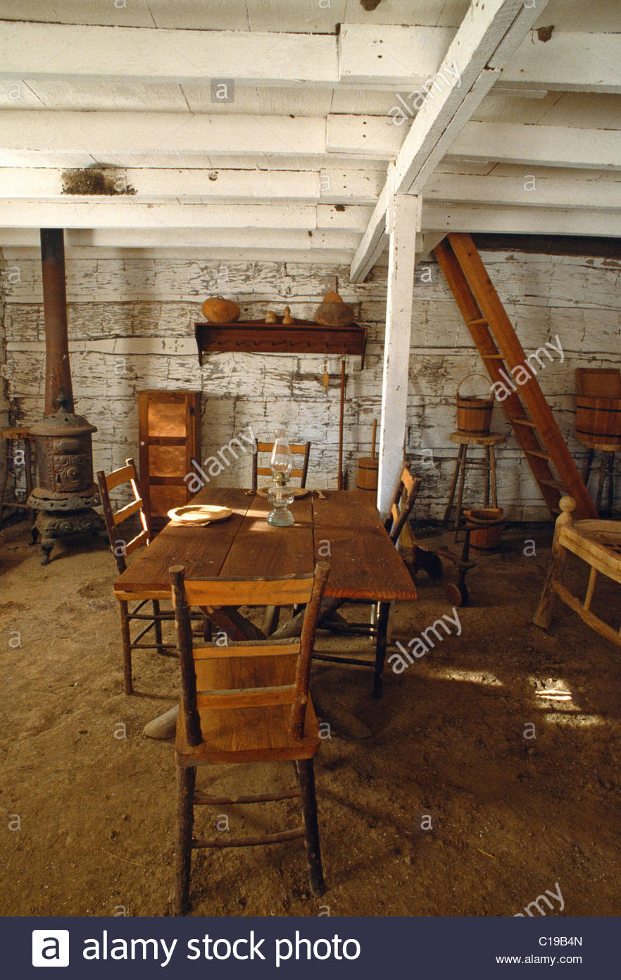 Cabin Interior Rock Creek Station Nebraska Usa Stock