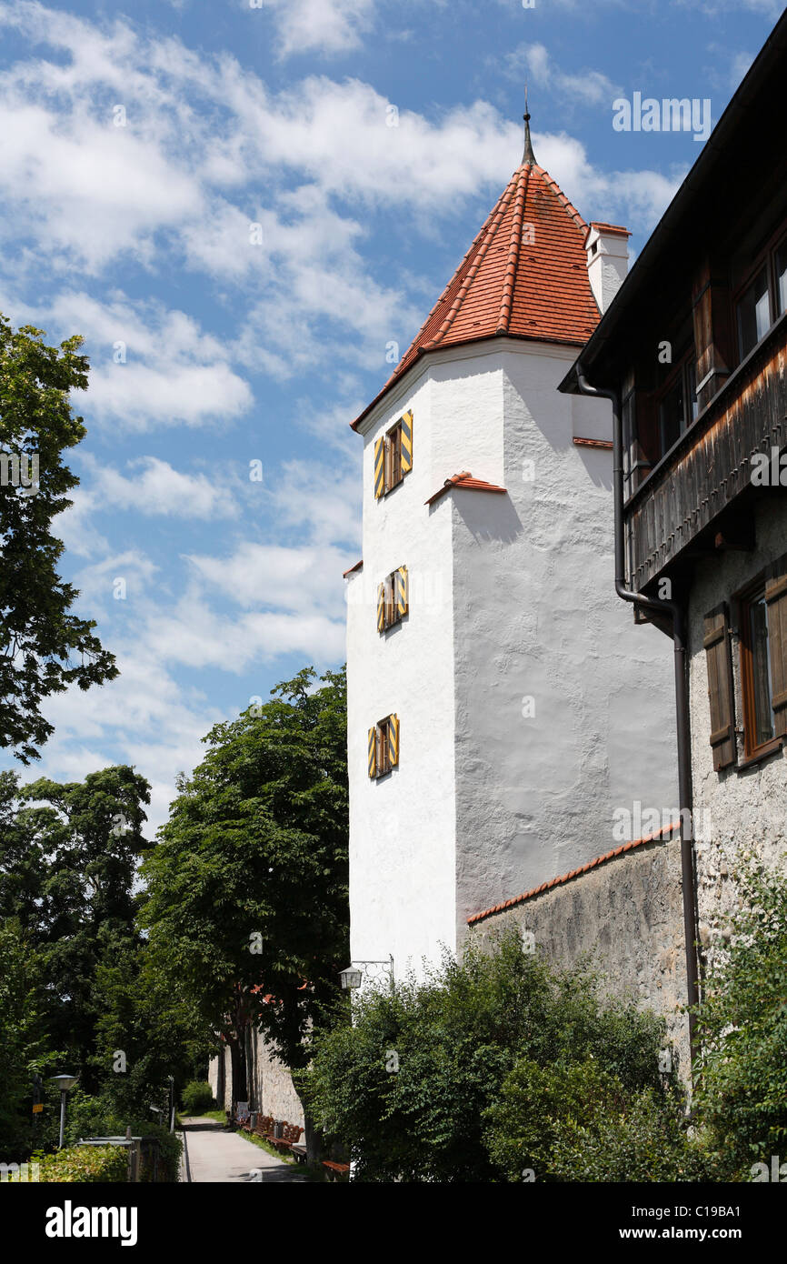 Polizeidienerturm, police watch tower, gate tower from the 13th Century, Schongau, Pfaffenwinkel, Upper Bavaria, Bavaria Stock Photo