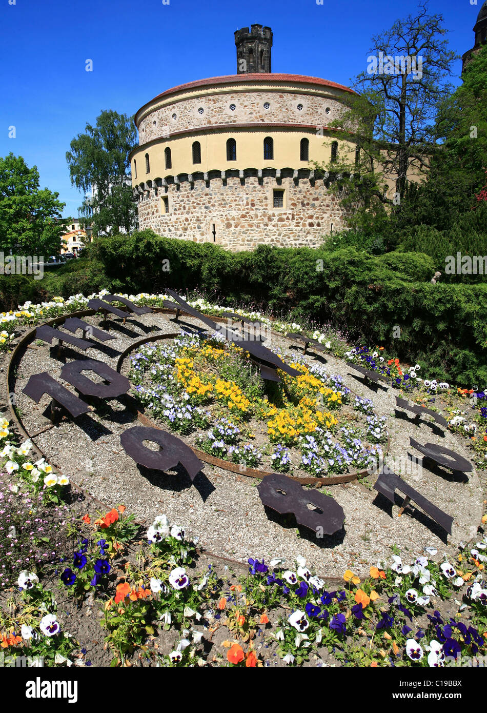 Floral clock and the Kaisertrutz, Goerlitz, Oberlausitz, Lower Silesia, Saxony, Germany, Europe Stock Photo