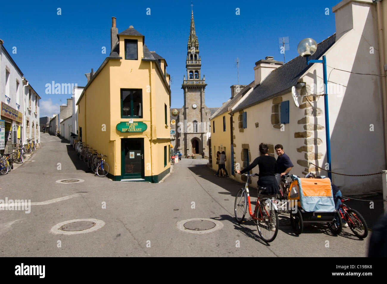 Street in Lampaul, main town of the Ile d'Ouessant Island, Bretagne, France, Europe Stock Photo