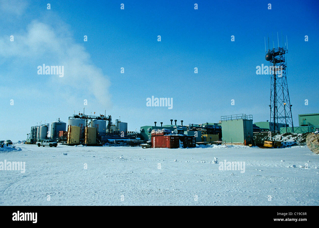 Oil extraction site in winter, Prudhoe Bay, Alaska, USA Stock Photo
