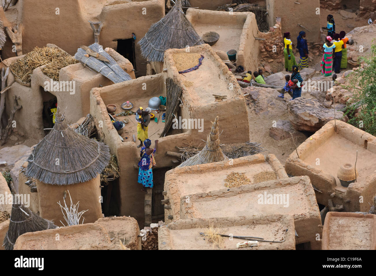 Aerial view of a part of the Dogon village of Yendouma , Bandiagara Escarpment . Mali Stock Photo