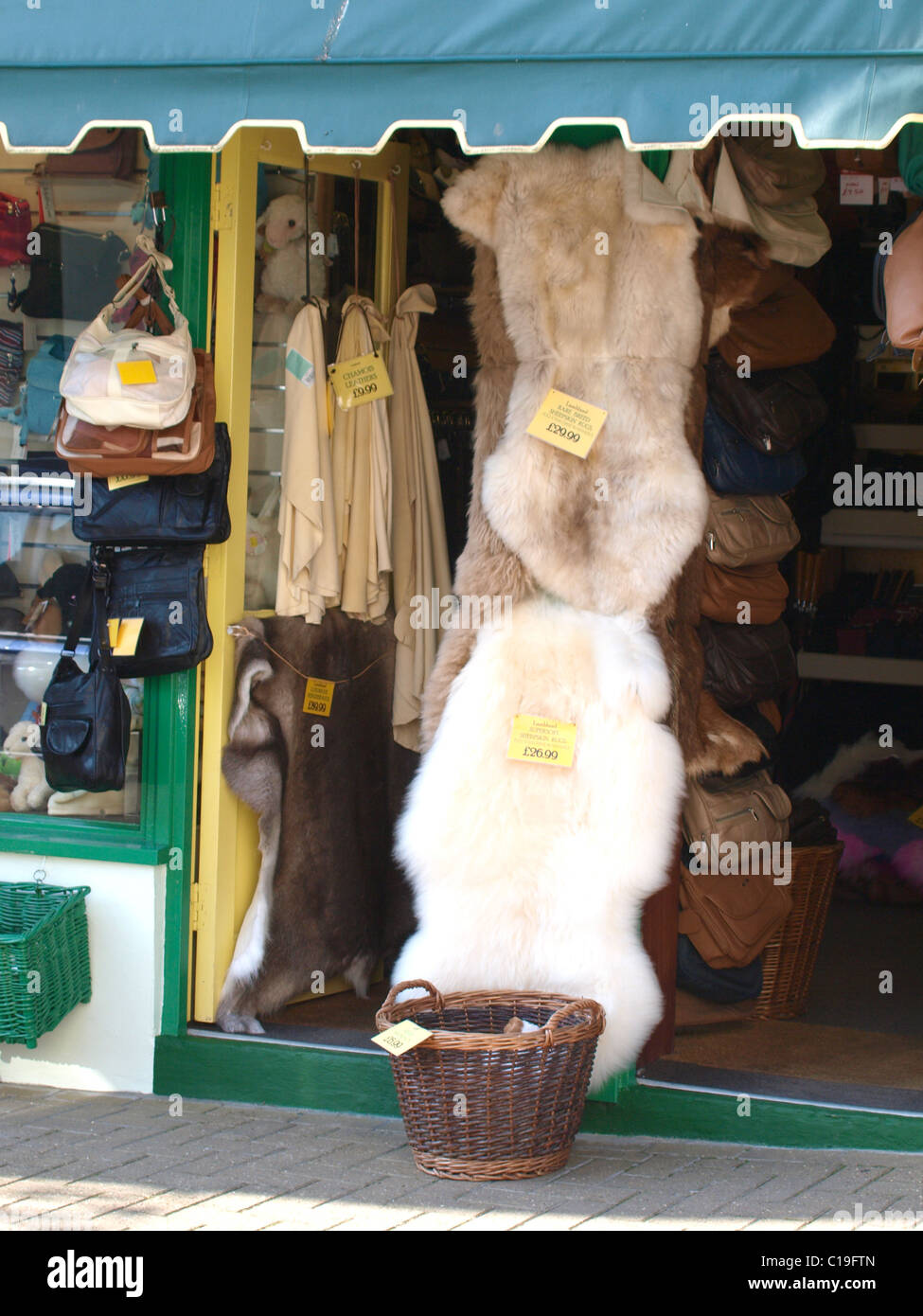 Sheep skin and leather goods shop, Ilfracombe, Devon, UK Stock Photo