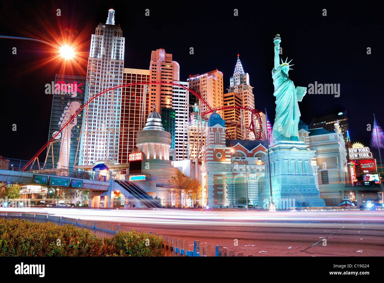 Las Vegas Street night scene with New York New York Hotel Casino. Stock Photo
