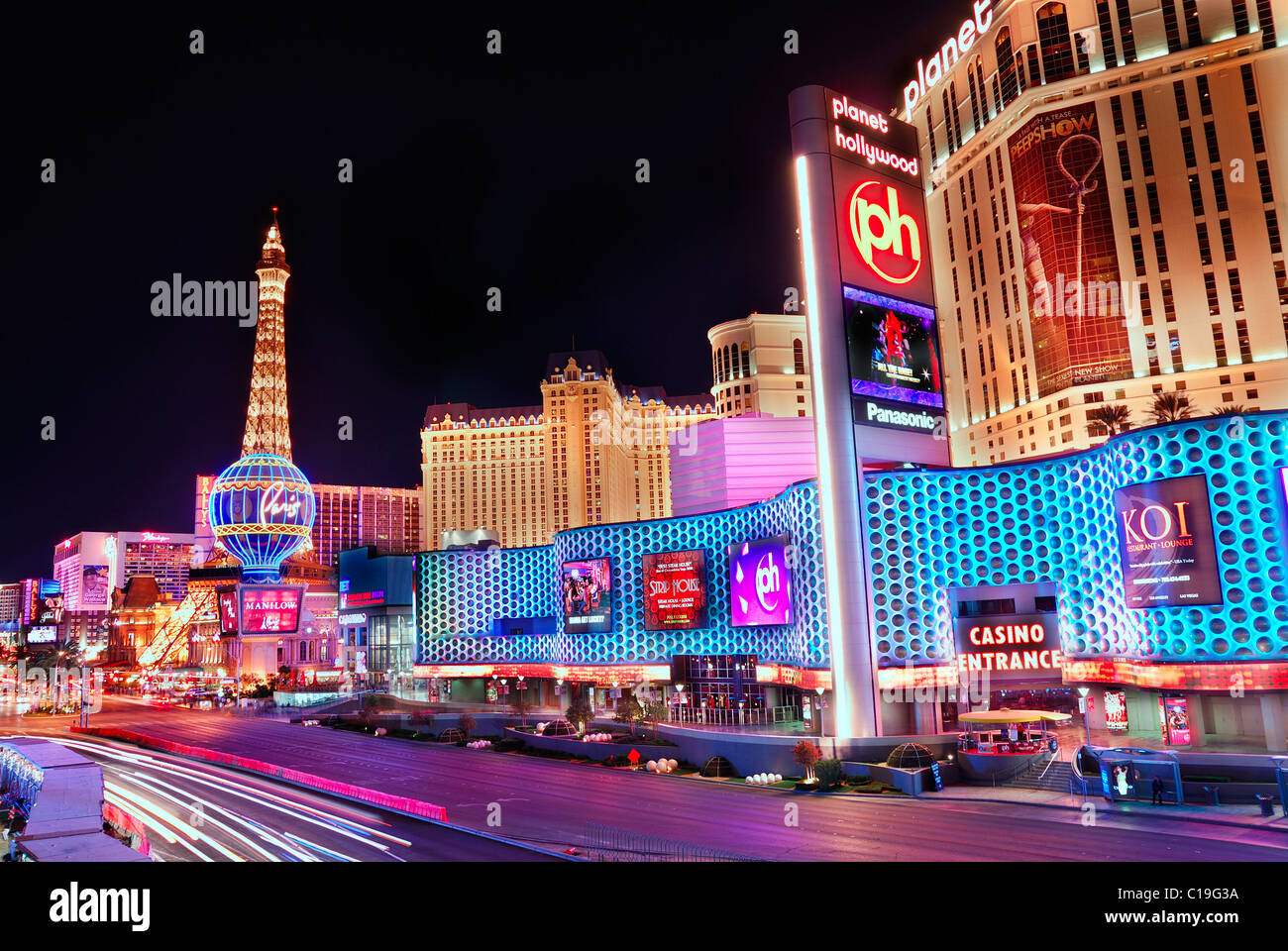 Paris Hotel and Casino with colorful light and traffic, March 4, 2010 in Las Vegas, Nevada. Stock Photo