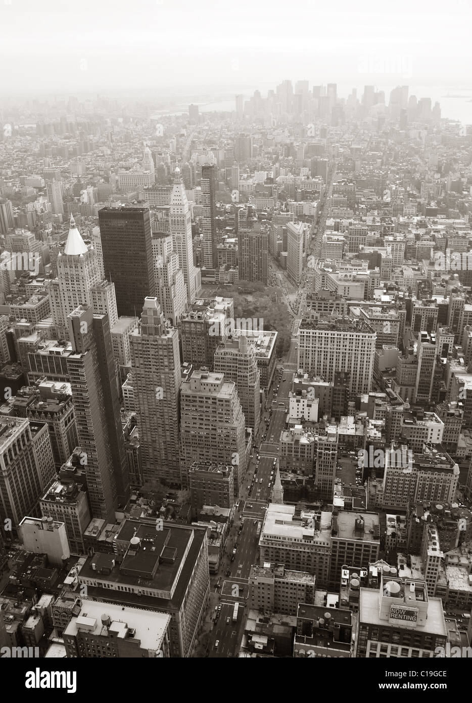 New York City Manhattan skyline aerial view black and white with ...