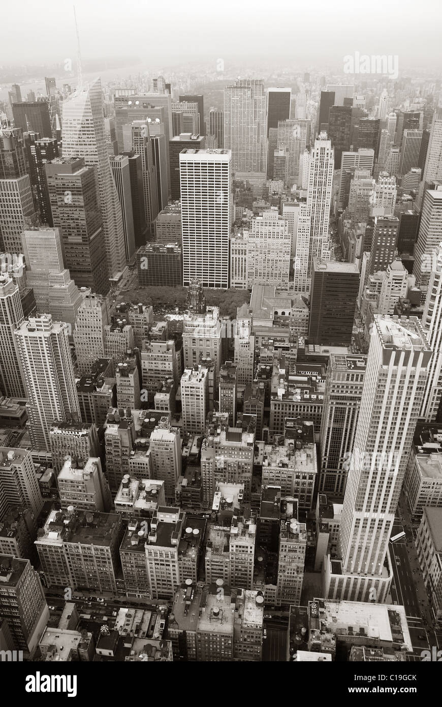 New York City Manhattan skyline aerial view black and white with ...