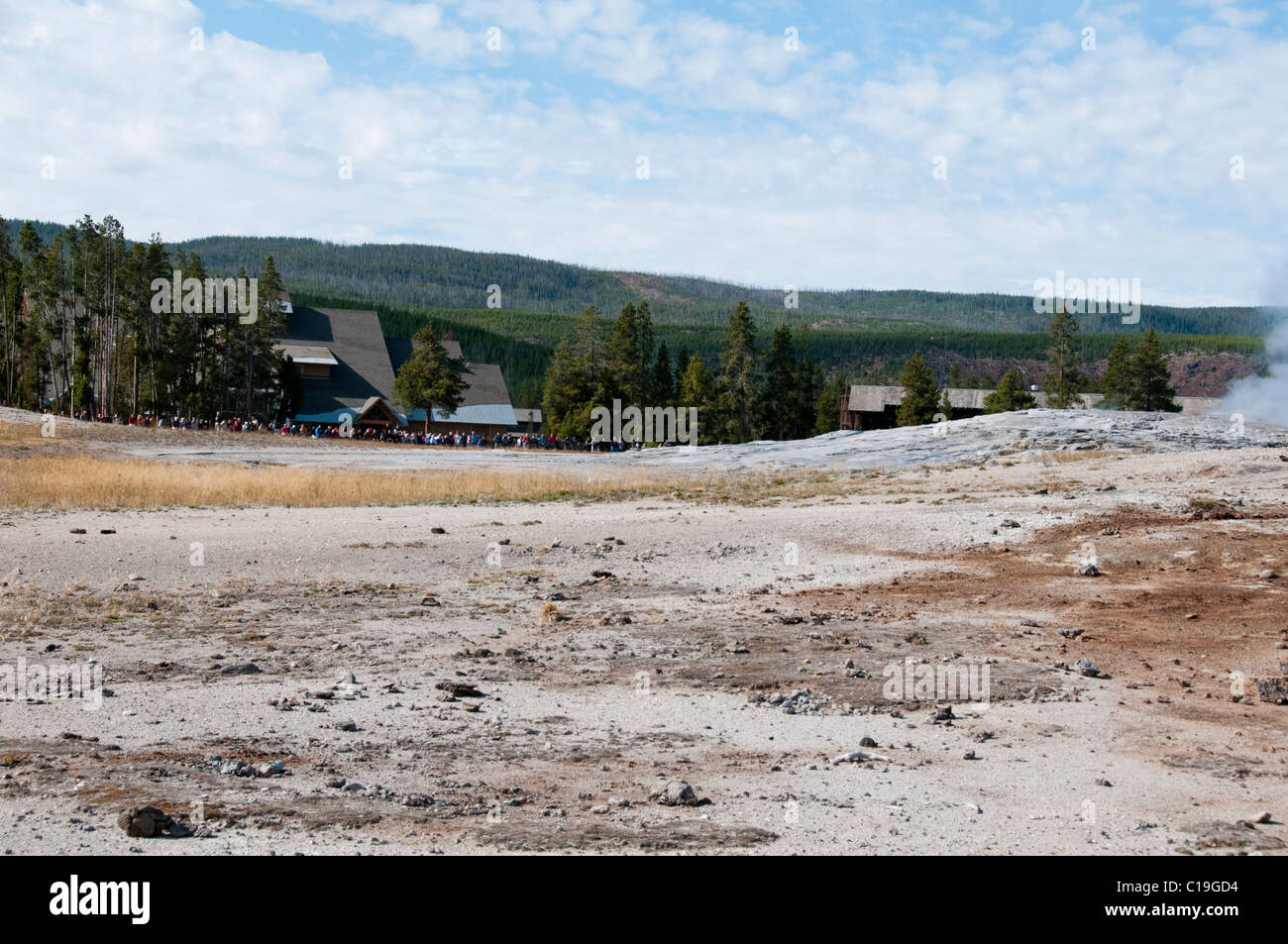 Old Faithful Geysers, Views from Old Faithful Inn,Sulphurous,Mudpots,Pools, Fumaroles,Yellowstone National Park,Wyoming,USA Stock Photo