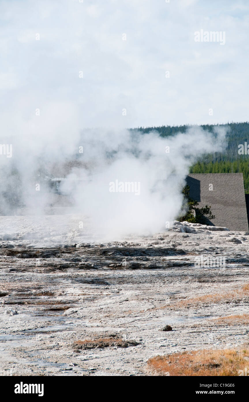 Old Faithful Geysers, Views from Old Faithful Inn,Sulphurous,Mudpots,Pools, Fumaroles,Yellowstone National Park,Wyoming,USA Stock Photo