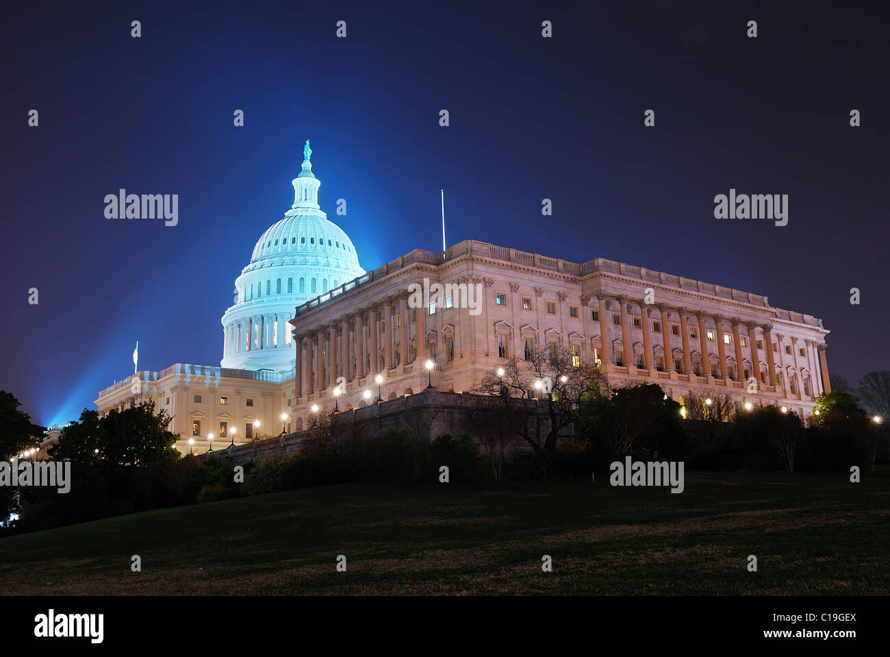 US Capitol hill building at night illuminated with light, Washington DC. Stock Photo