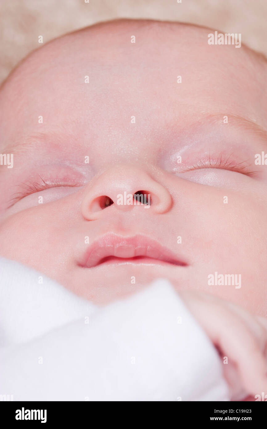 baby age 2 weeks sleeping close up macro shot Stock Photo
