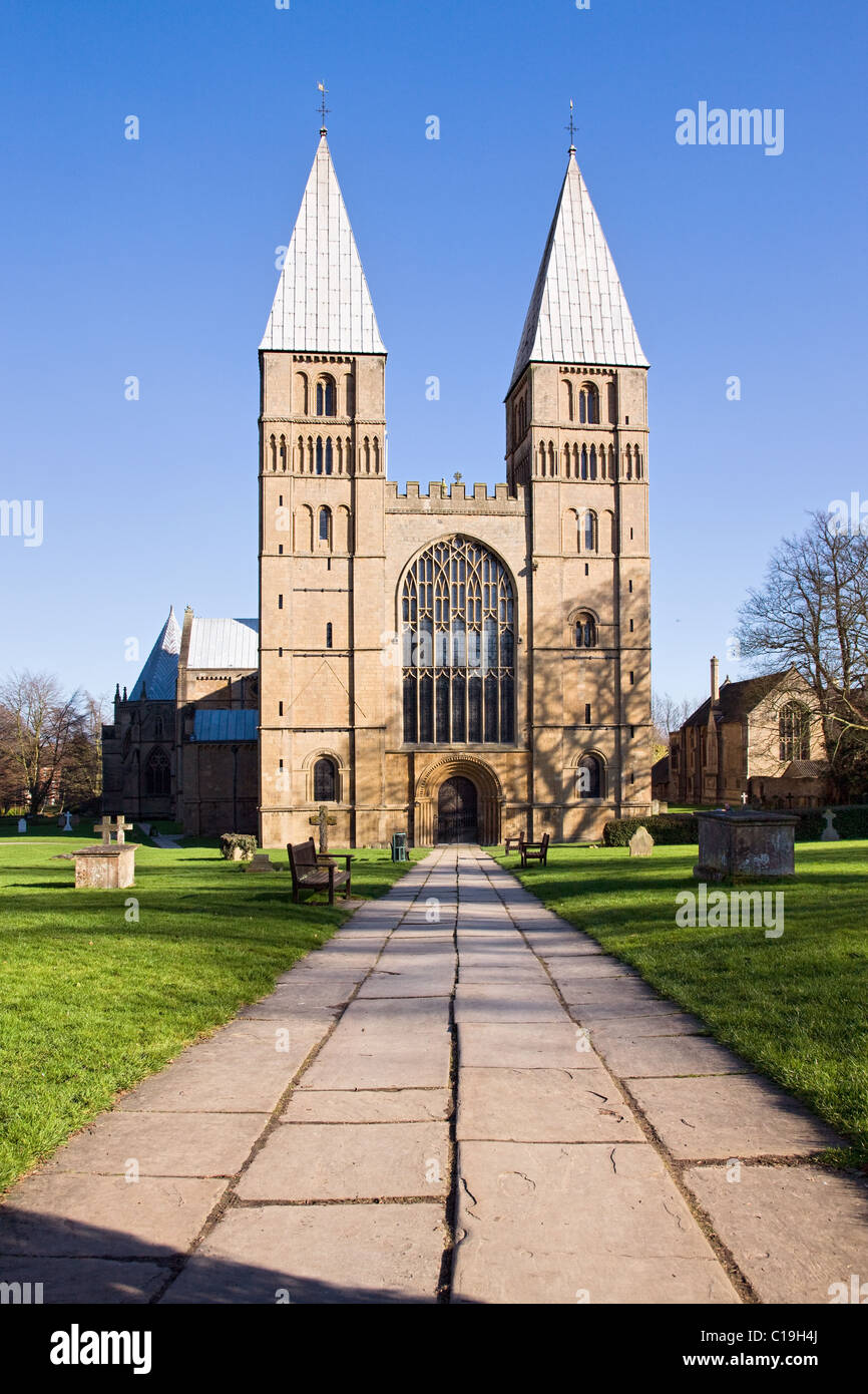 Approach to Southwell Minster in Nottinghamshire with its unusual pepper pot Romanesque towers unique in Britain Stock Photo
