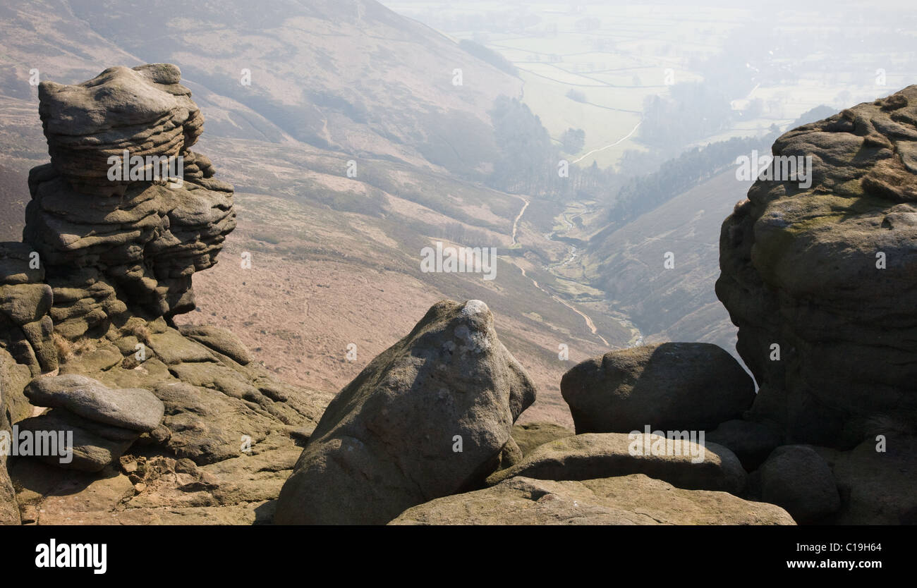 Upper Tor weathered stones overlooking Grindsbrook on Kinder Scout Edale in the Derbyshire Peak District Stock Photo