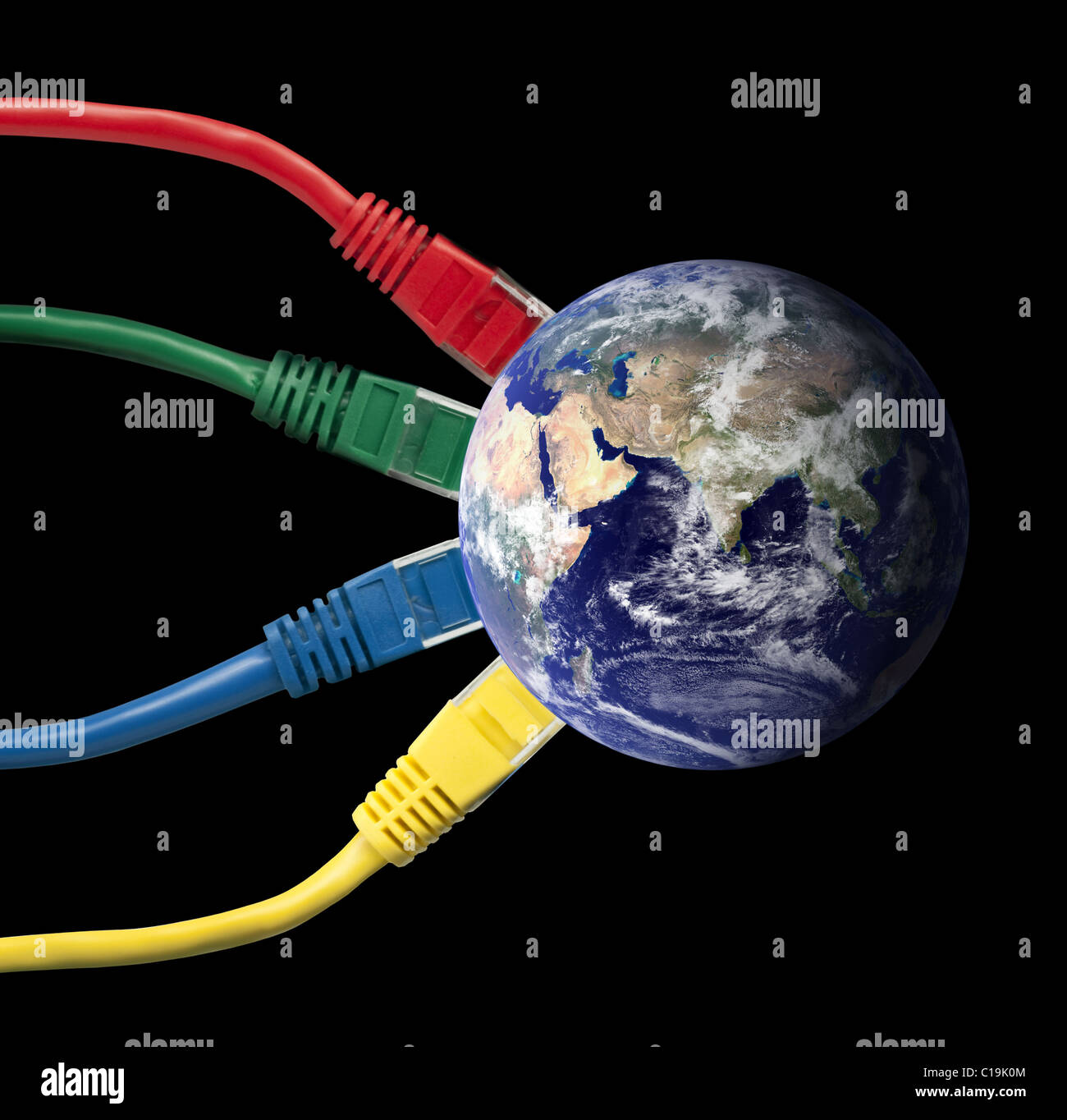 Connected world Colored Network Cables wired to the Earth Globe