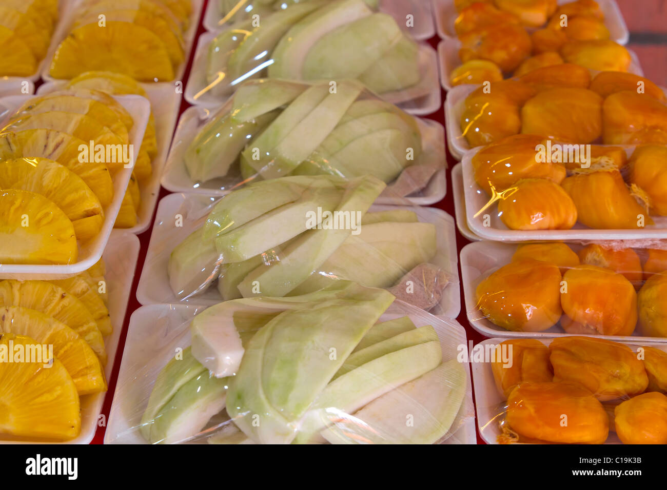 Fresh Fruits Cut and Shrink Wrapped on Vendor Stand Stock Photo Alamy