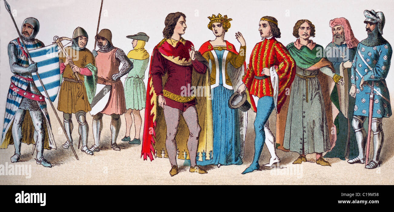 The figures represented here are English people between A.D. 1300 and 1400. Stock Photo