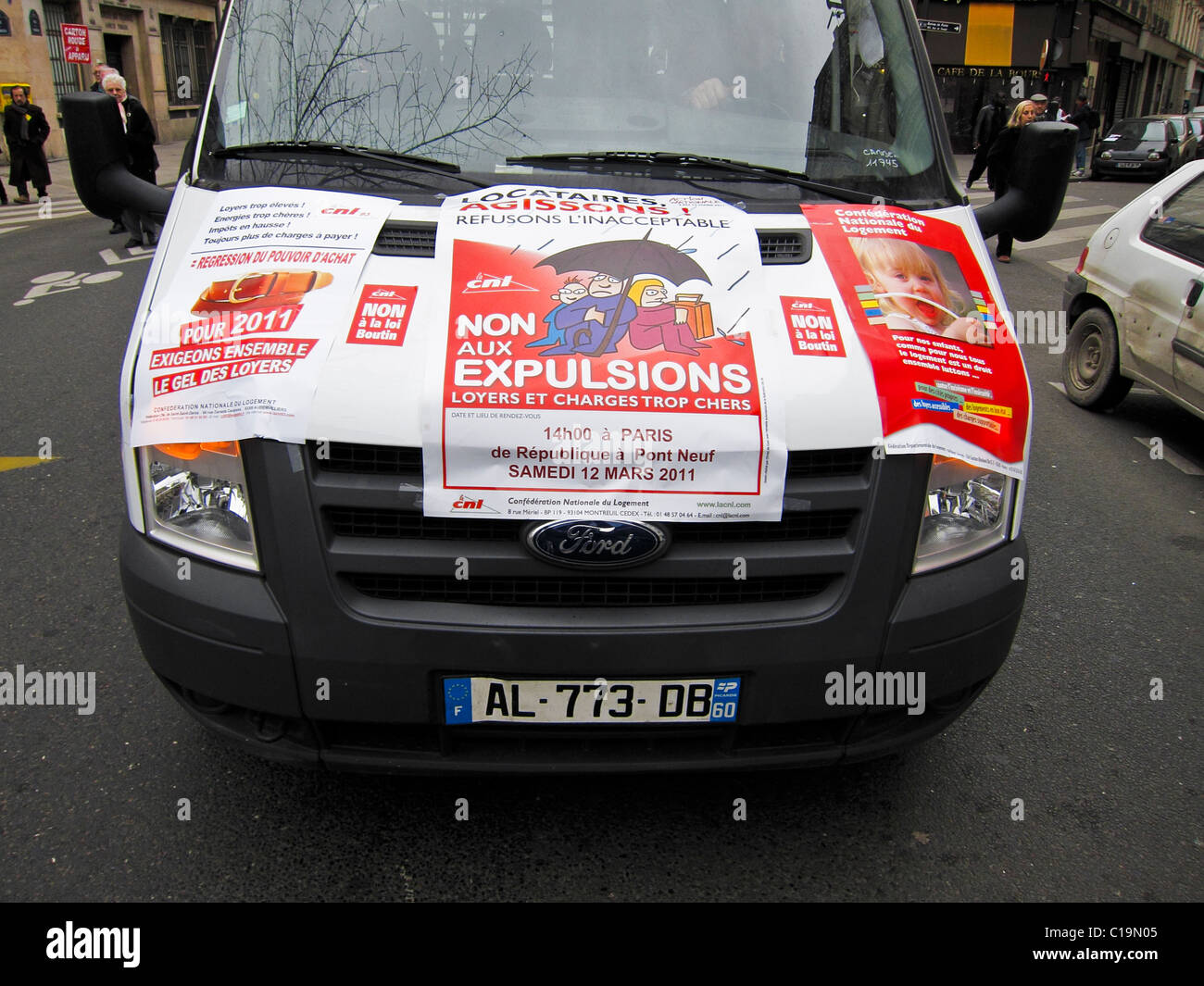 Paris, France, Demonstration Protesting Against Forced Housing Expulsions, Detail Posters on Truck CGT Labor Union Stock Photo