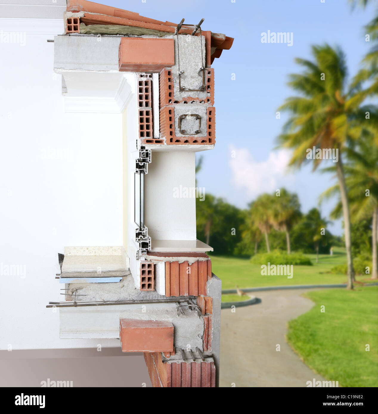 facade wall cross section of brick blocks window structure roof and