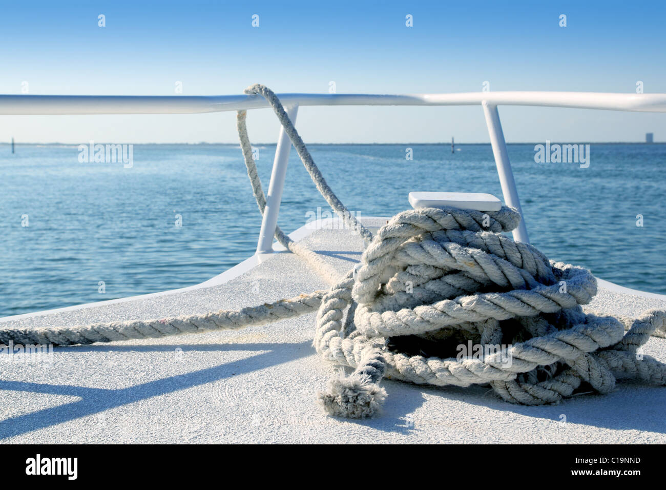 Boat white bow in tropical Caribbean sea summer relax vacations Stock Photo