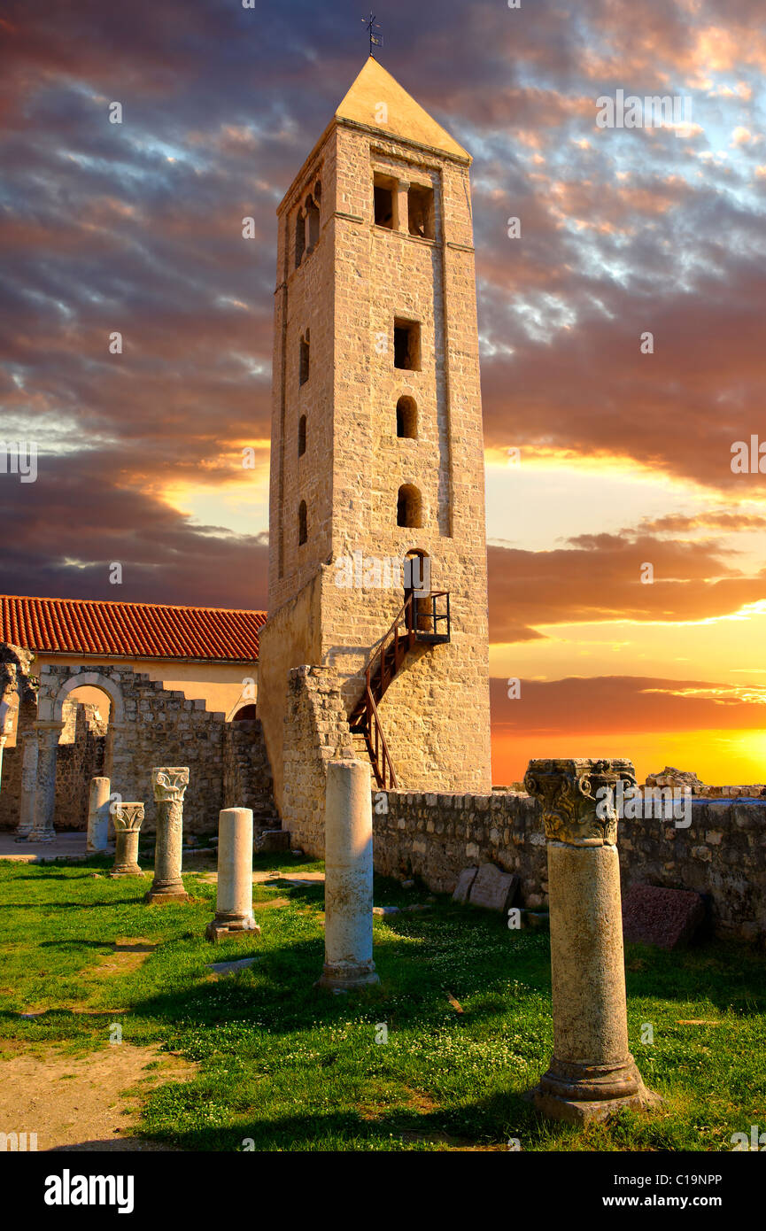 The Romanesque Bell Tower and medieval pillars of the church of St John The Evengelist. Rab Island, Craotia Stock Photo