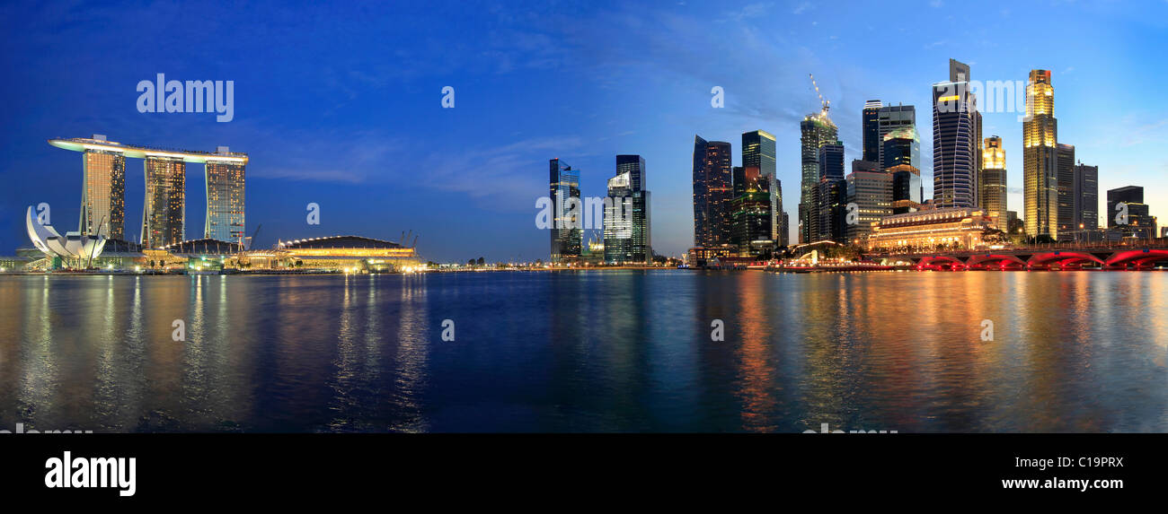 Singapore Skyline from Marina Bay Esplanade at Night Panorama Stock Photo