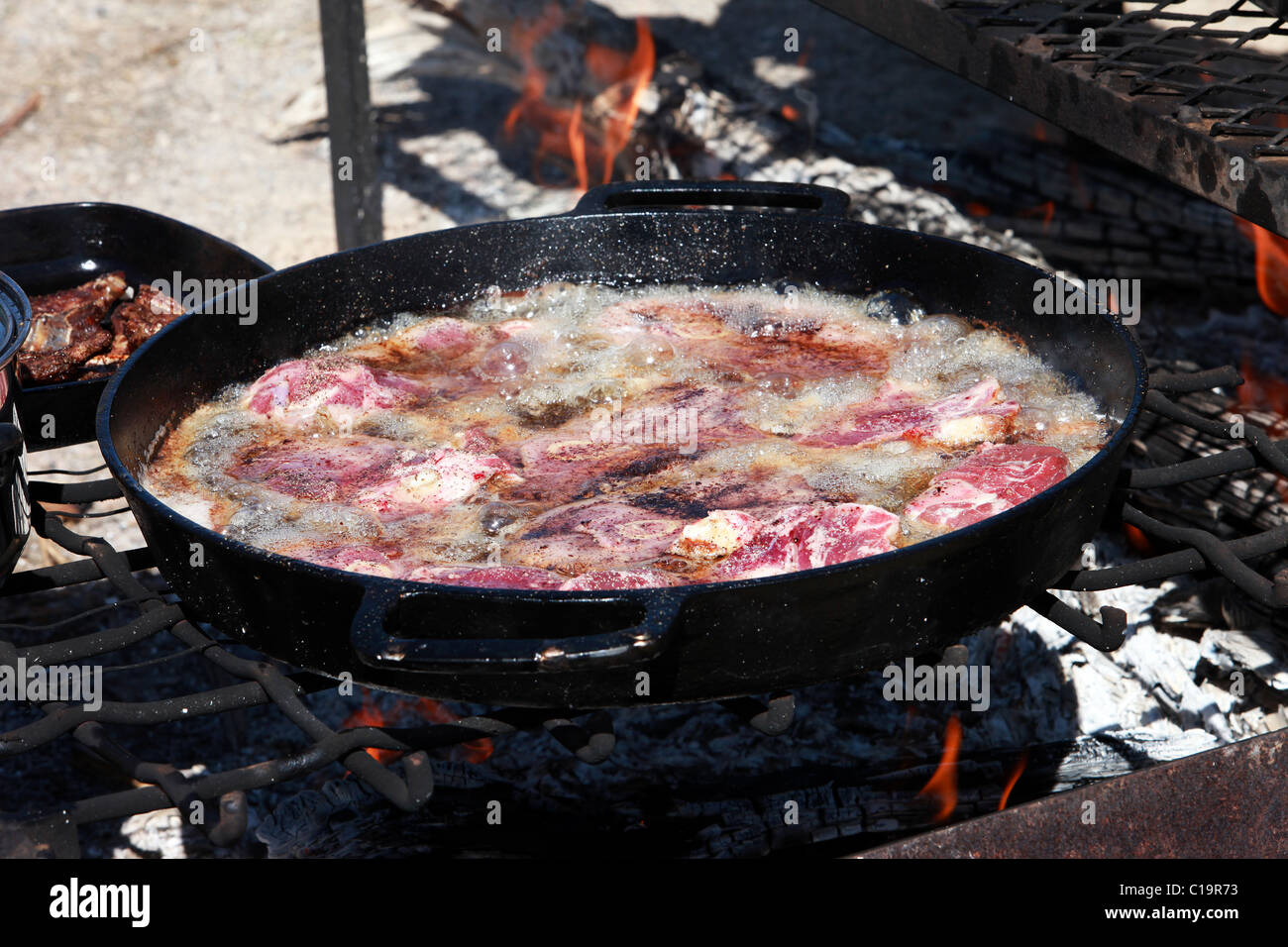 Lamb chop steaks and Mutton cooking in cast iron pans over an open