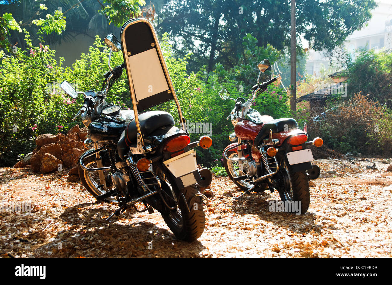 indian cruiser motorcycles parked in goa after long ride from mumbai
