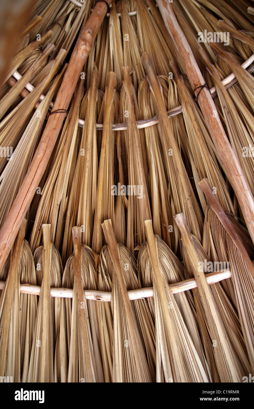 Palm tree leaves in sunroof palapa hut traditional roofing in Mexico Stock Photo
