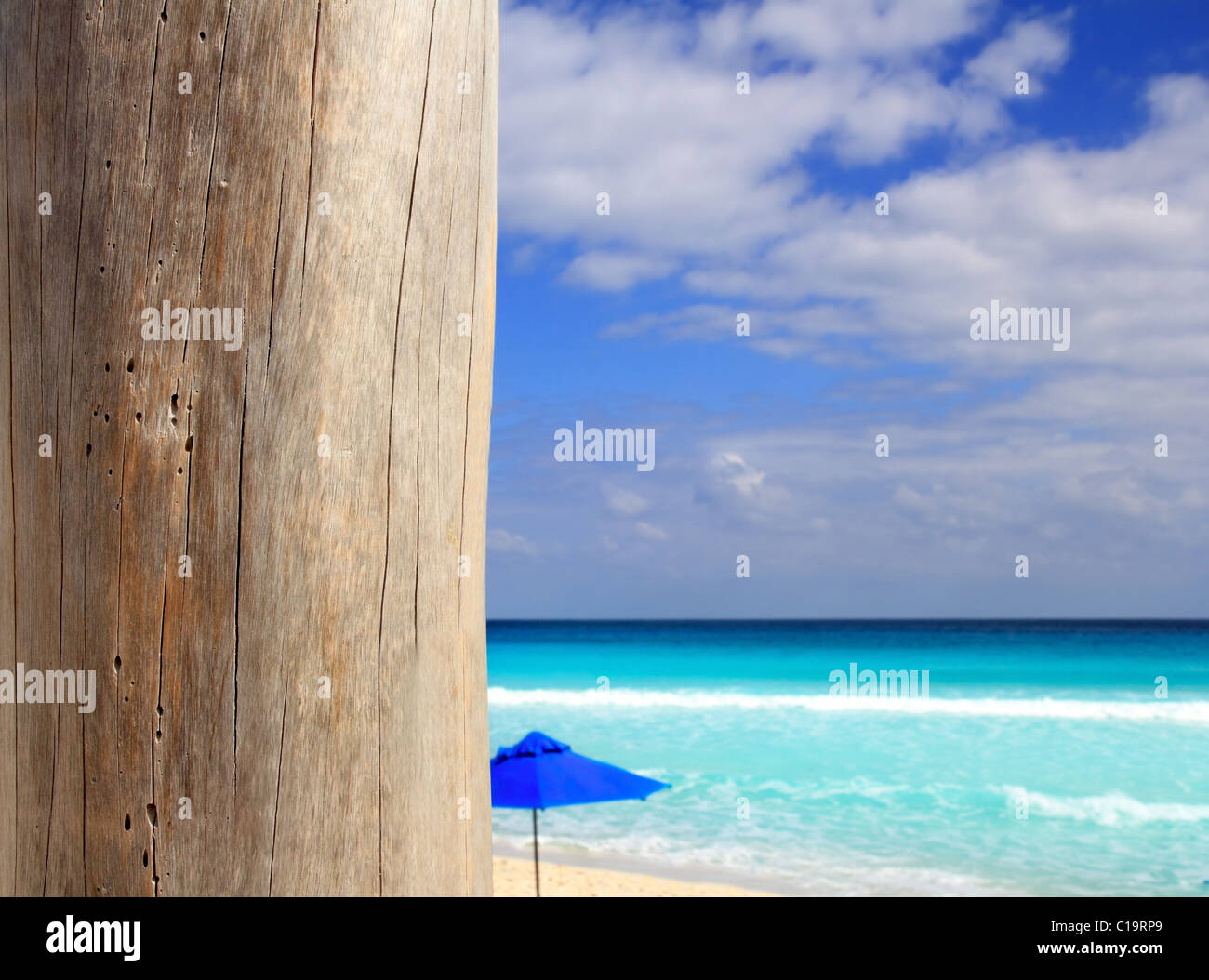 Caribbean tropical beach wood weathered pole on sea foreground Stock Photo