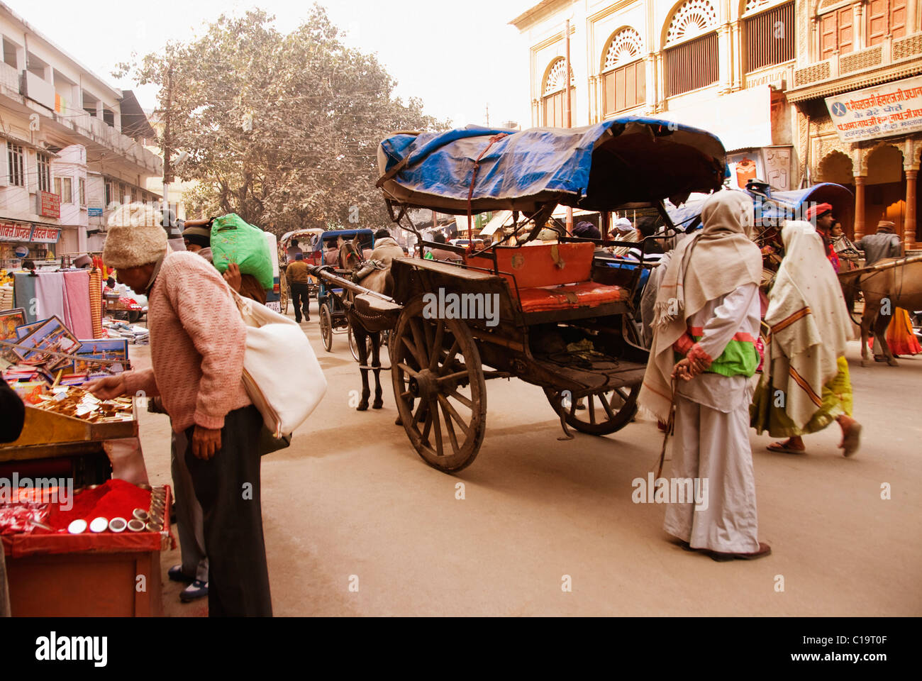 Horsedrawn in a street market, Haridwar, Uttarakhand, India Stock Photo