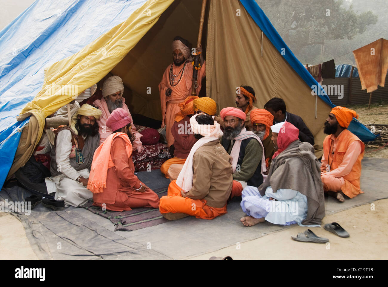 Sadhus sitting at a tent, Haridwar, Uttarakhand, India Stock Photo