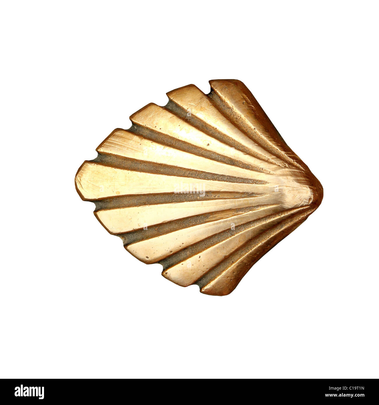 Saint James way shell golden metal on streets soil isolated on white ...