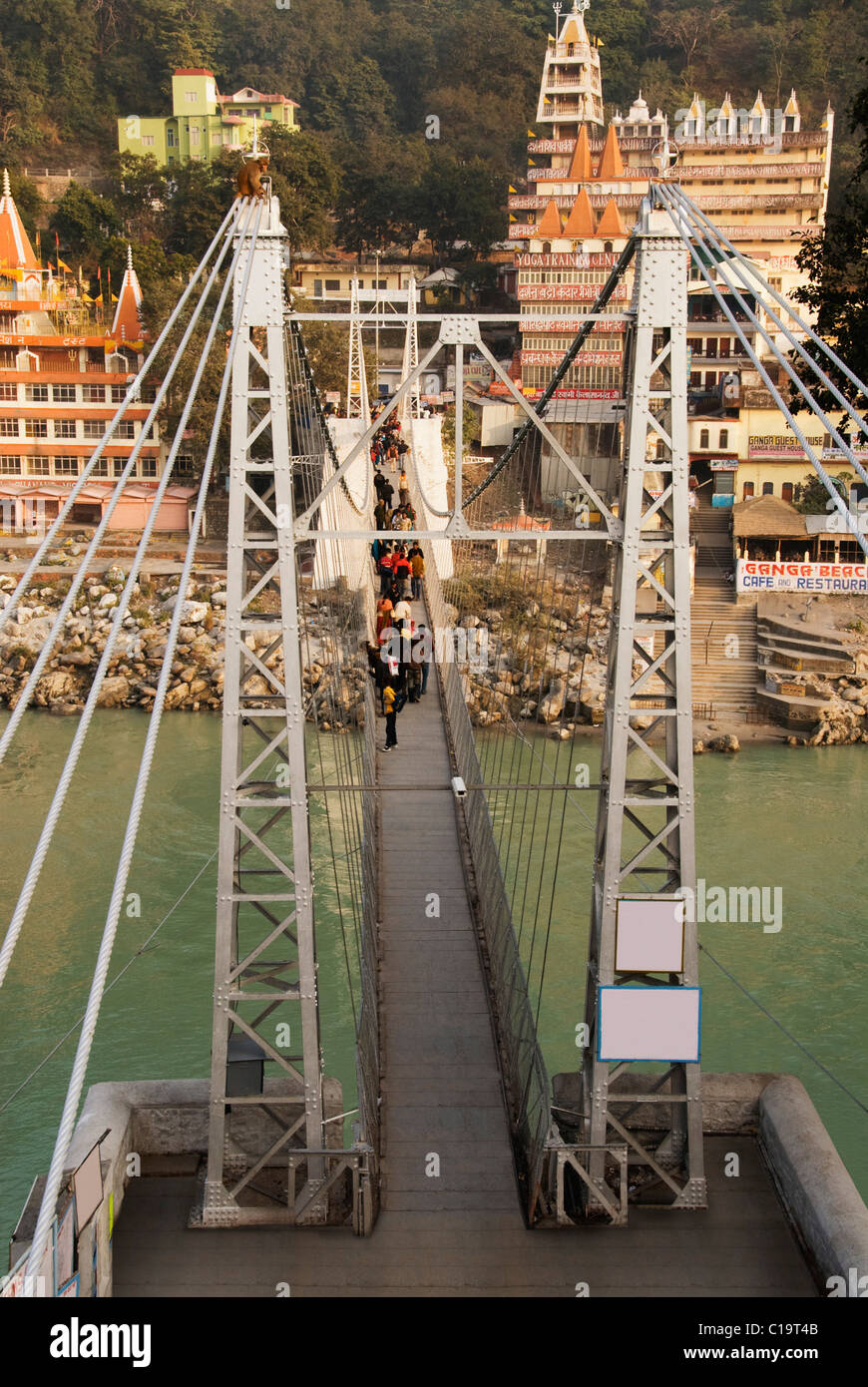 Suspension bridge crossing a river, Lakshman Jhula, Ganges River