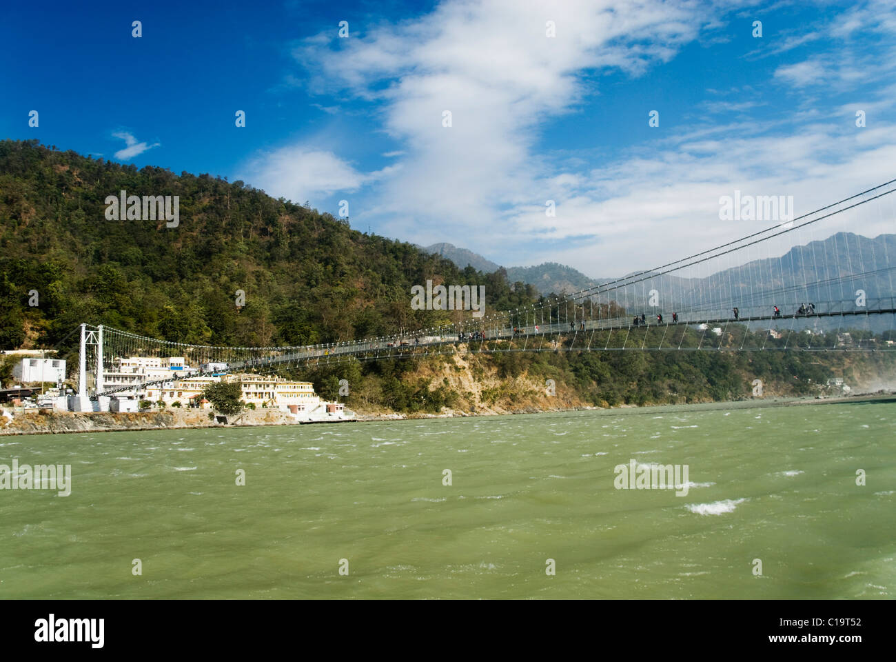 Suspension bridge across a river, Ram Jhula, Ganges River, Rishikesh