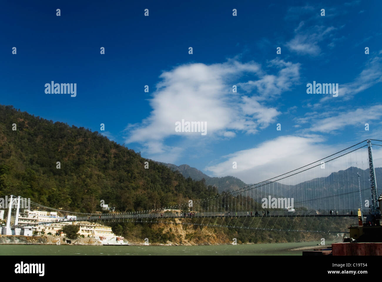Suspension bridge across a river, Ram Jhula, Ganges River, Rishikesh