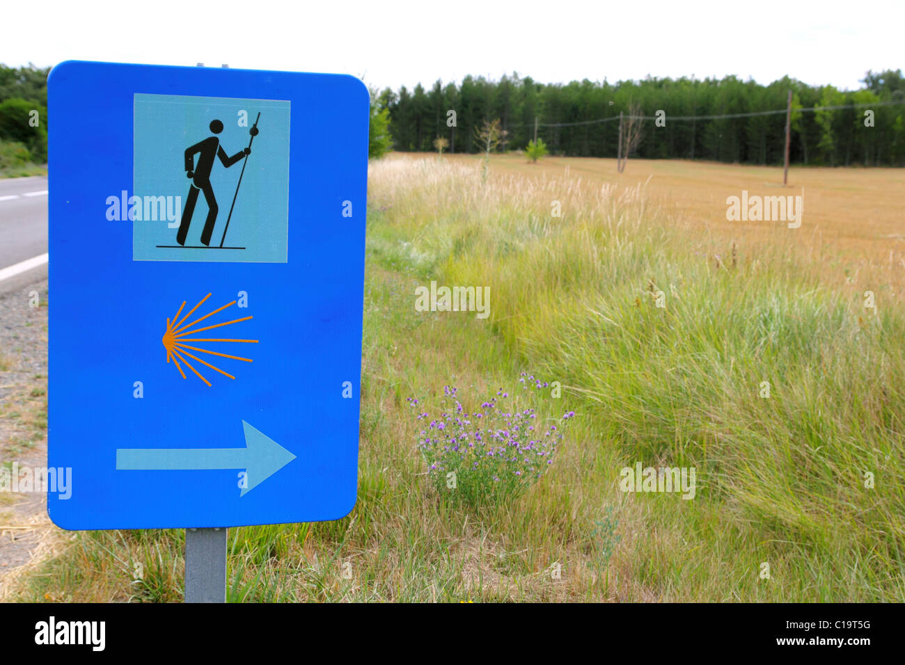 pilgrim road sign pedestrian track in way of saint James Spain Pyrenees Stock Photo