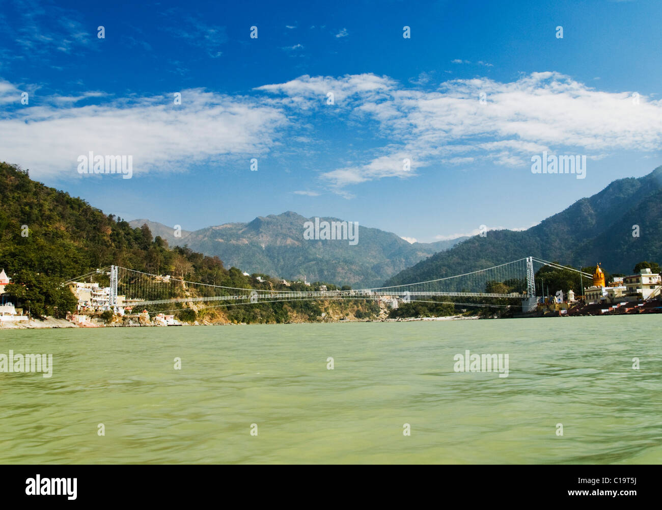 Suspension bridge across a river, Ram Jhula, Ganges River, Rishikesh