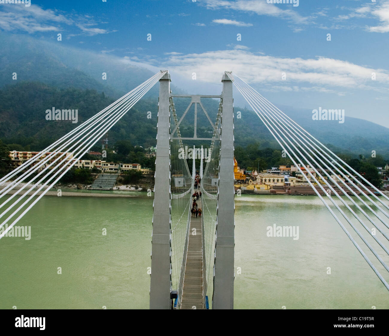 Suspension bridge across a river, Ram Jhula, Ganges River, Rishikesh