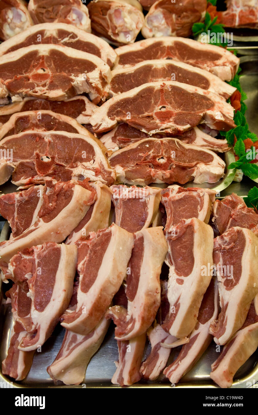 Lamb Chops on display in a butchers shop Stock Photo