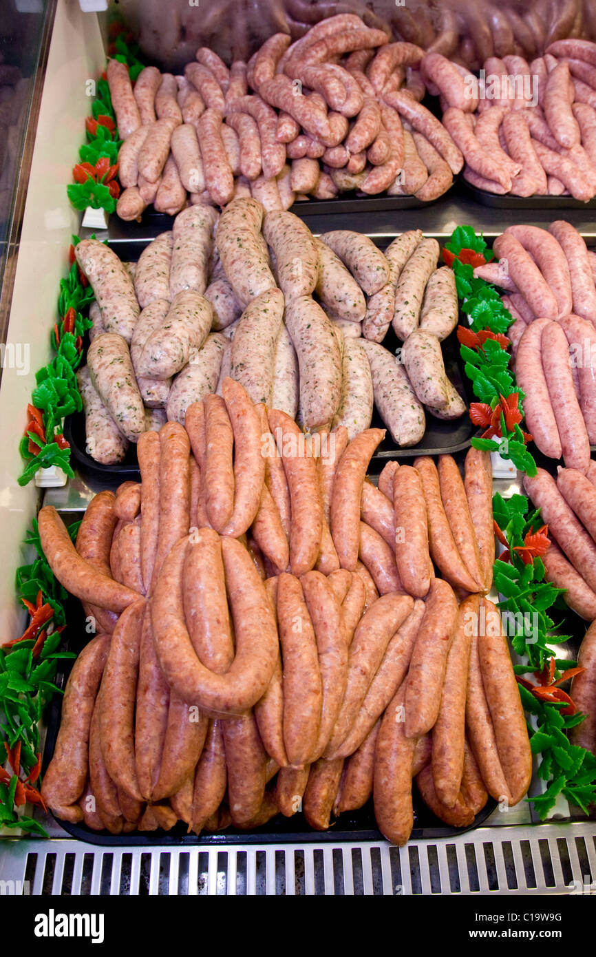 Sausage on display in a butchers shop Stock Photo Alamy